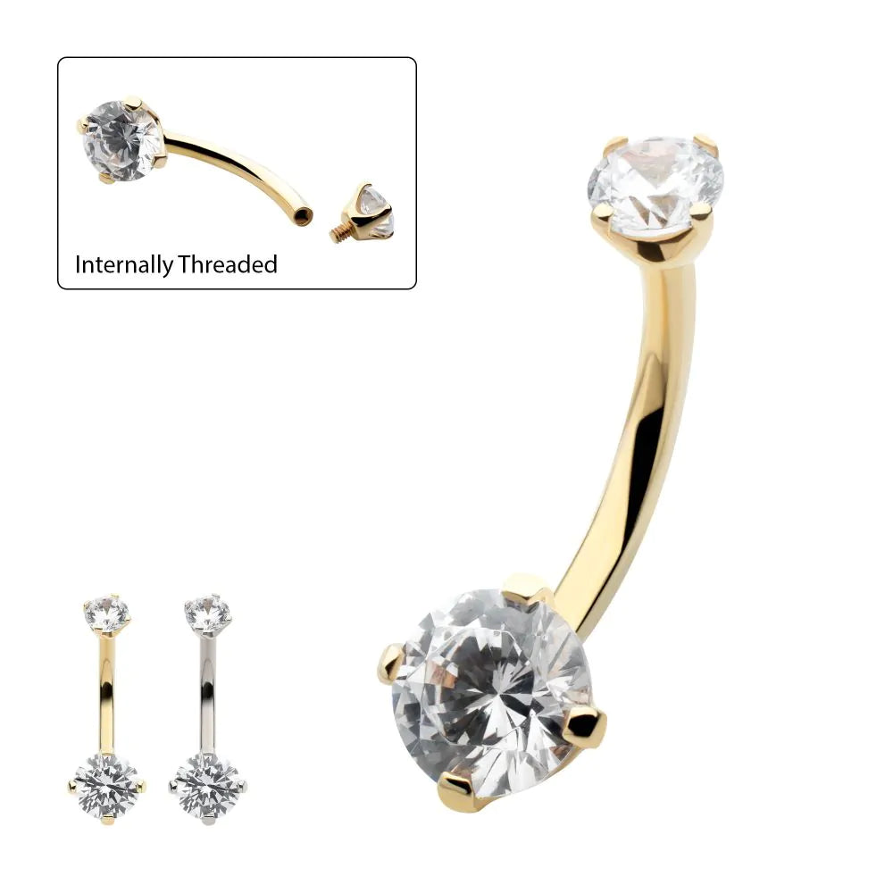 Threaded Double Round 4-Prong Navel Yellow Gold 14k